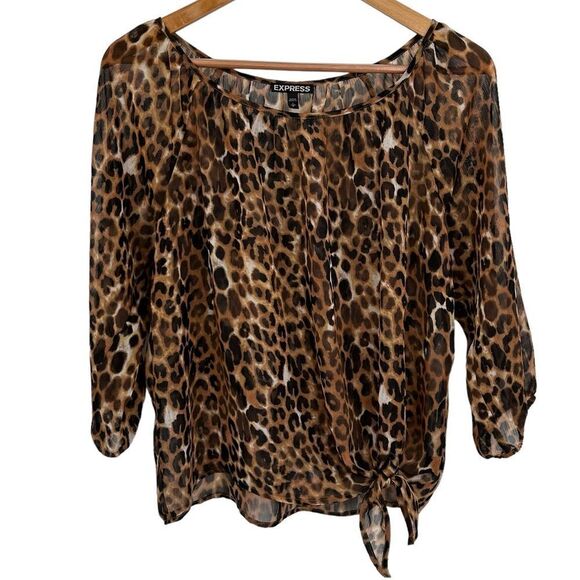Express leopard animal print semi sheer side tie top size small - Picture 1 of 5